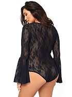 Romantic teddy, stretch lace, deep neckline, bell sleeves, plus size